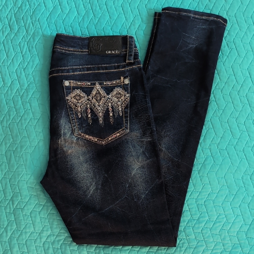 Grace Women's Embellished Indigo Skinny Jeans